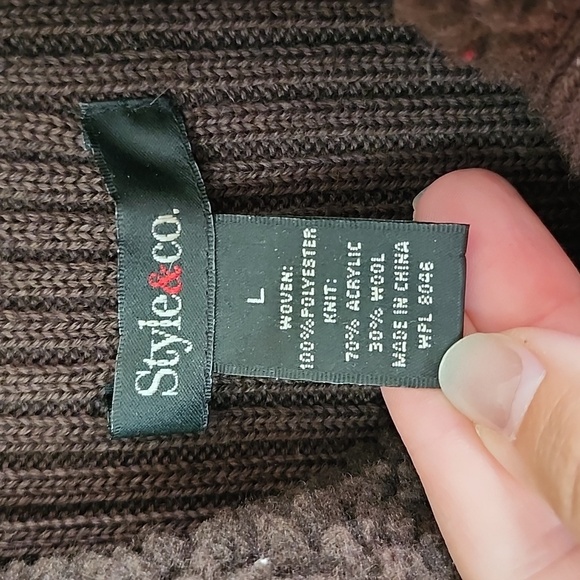 Style & Co brown wool blend full zip faux suede sweater fall staple ribbed Large - Picture 4 of 7